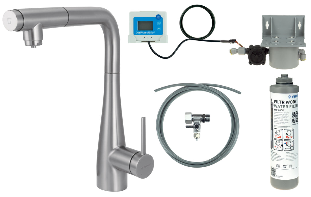 Bateria kuchenna z zestawem do filtracji wody z wyciąganą wylewką Eridan Stalowy szczotkowany