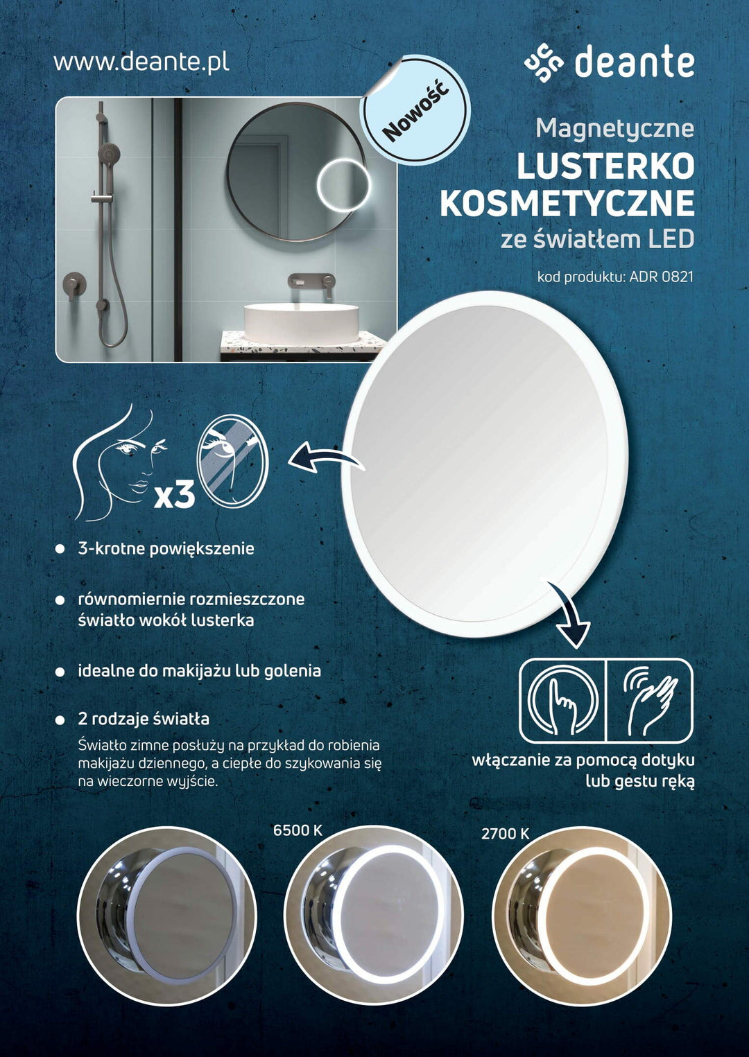 Lusterko kosmetyczne magnetyczne - podświetlenie LED Round Chrom