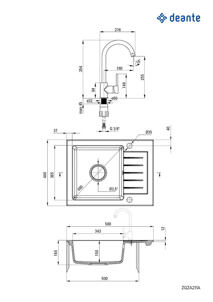 Zlewozmywak granitowy z baterią 1-komorowy z ociekaczem Zorba Piaskowy